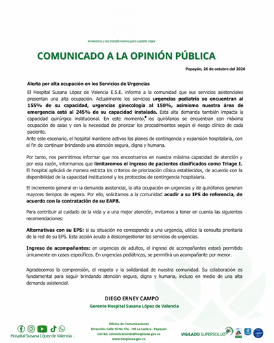 Comunicado a la opinión pública | Alerta por alta ocupación hospitalaria