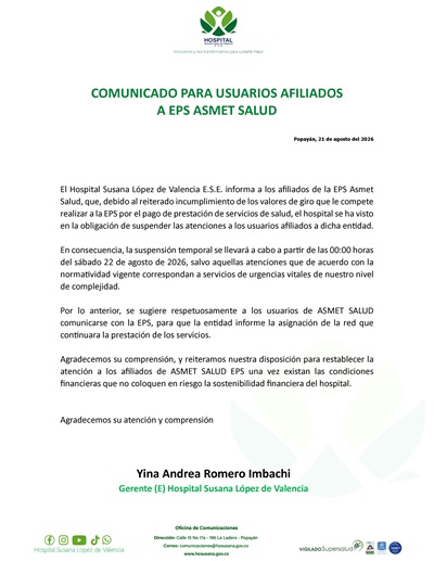 Información importante para afiliados de Asmet Salud