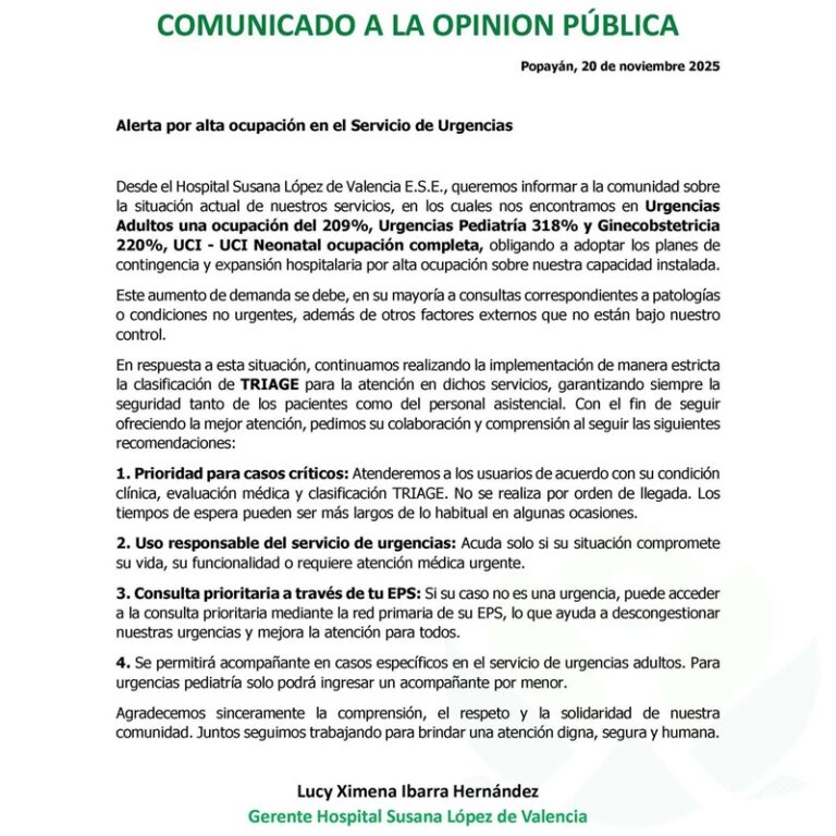 Imagen informativa del comunicado de alerta debido a la alta ocupación en el servicio de urgencias.
