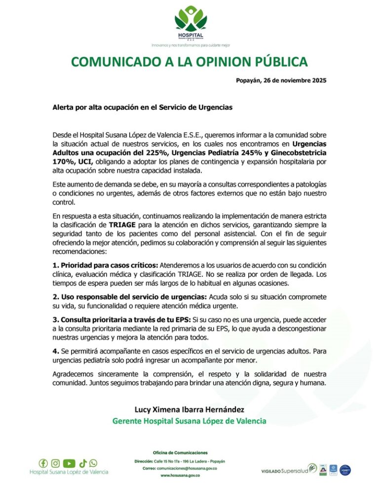 Imagen del comunicado de alerta por la alta ocupación en el servicio de urgencias.